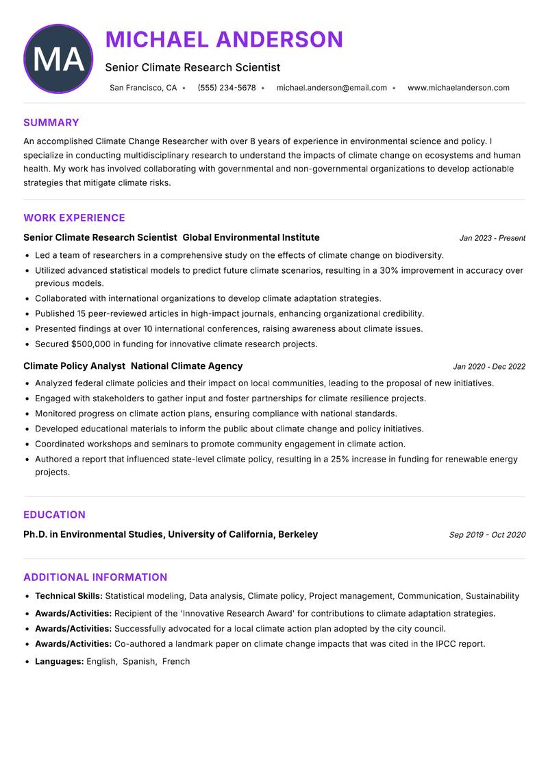 Climate Change Researcher resume example — ATS-friendly template