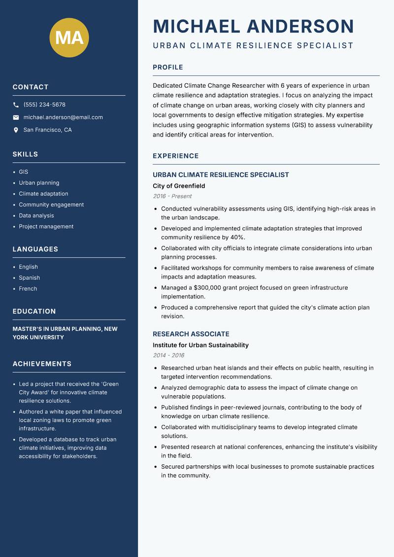 Climate Change Researcher resume template — Classic Clean