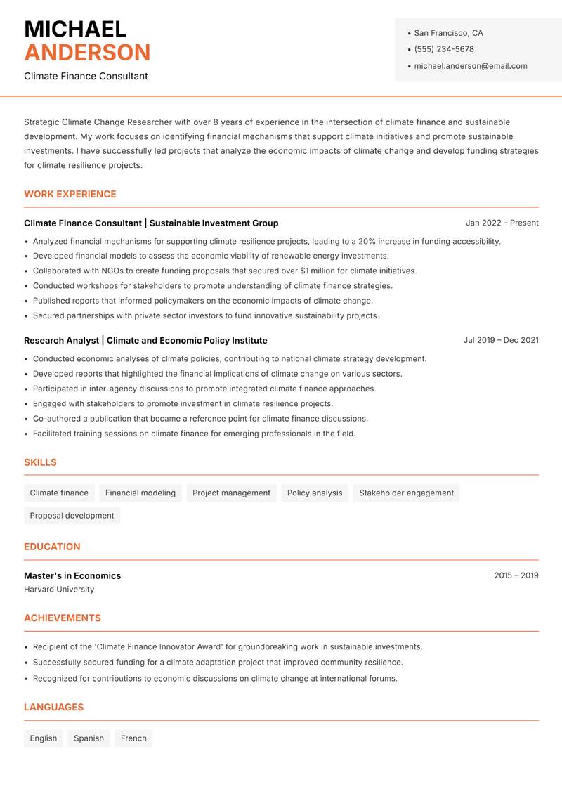 Climate Change Researcher resume template — Modern Professional