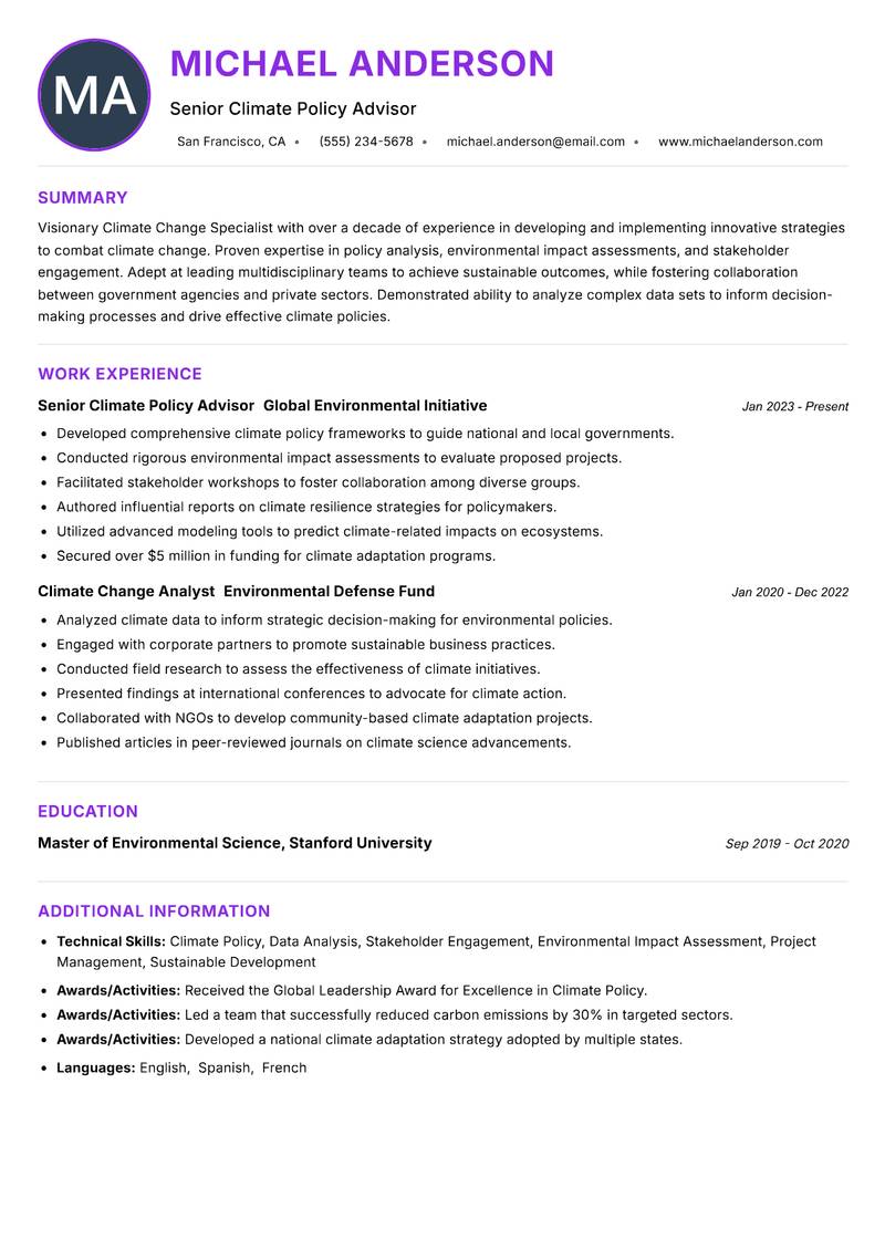 Climate Change Specialist resume example — ATS-friendly template