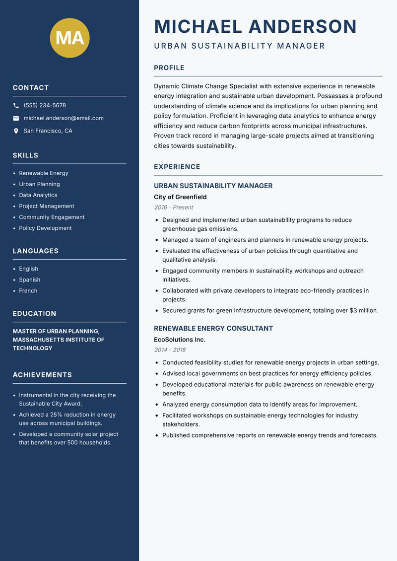 Climate Change Specialist resume template — Classic Clean