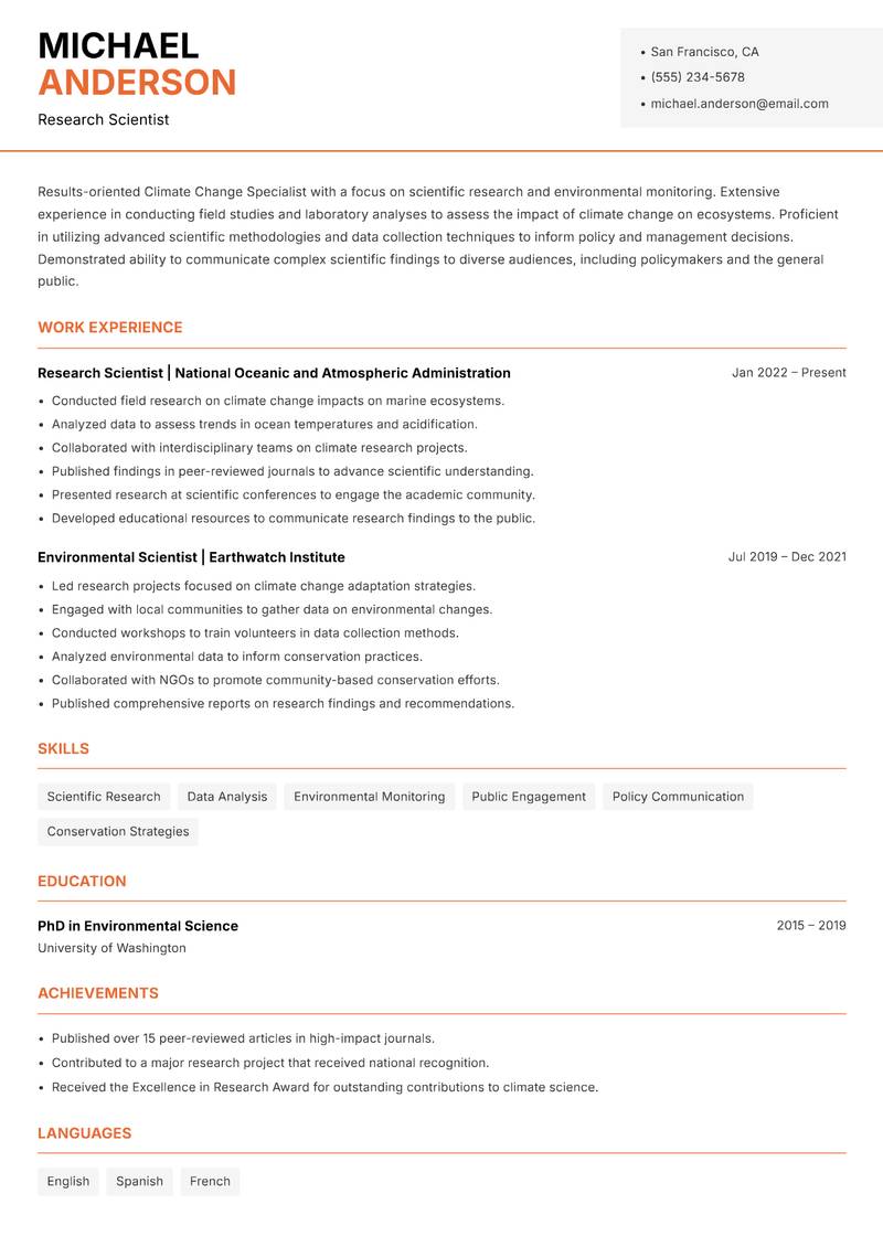 Climate Change Specialist resume template — Modern Professional