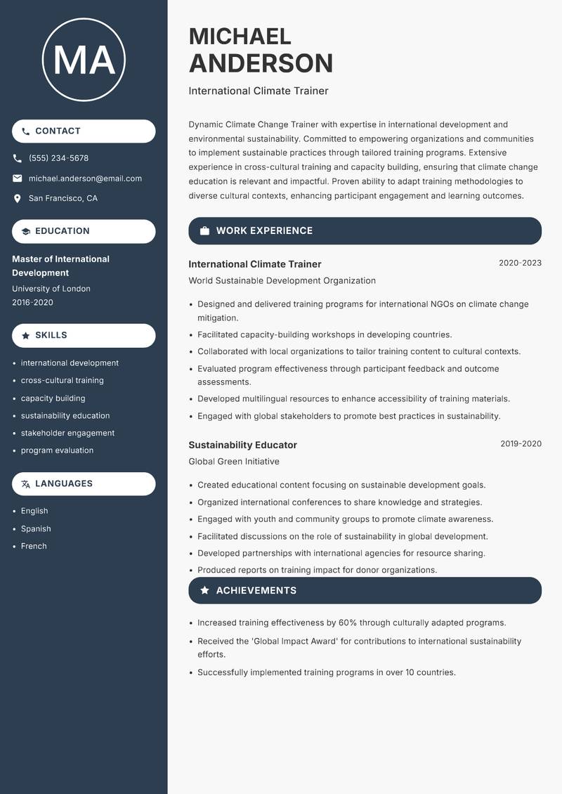 Climate Change Trainer resume template — Compact