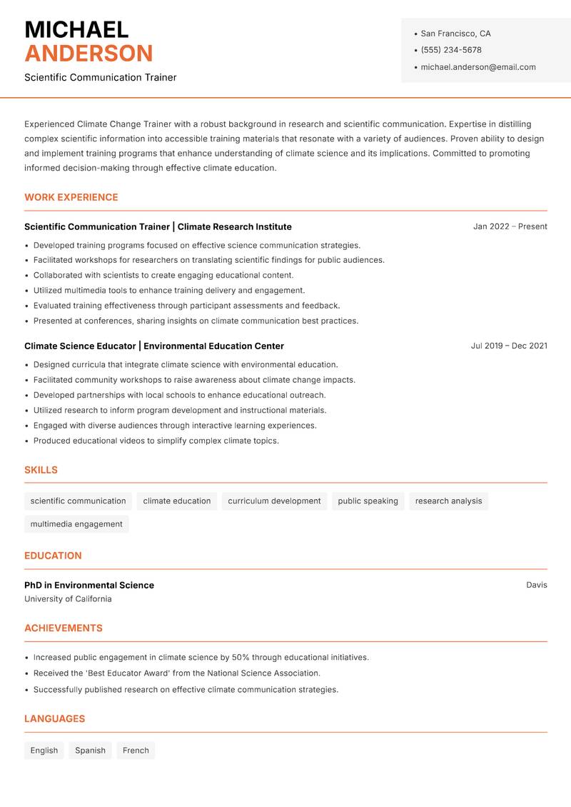 Climate Change Trainer resume template — Modern Professional