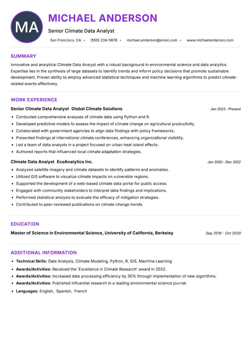 Climate Data Analyst resume example — ATS-friendly template