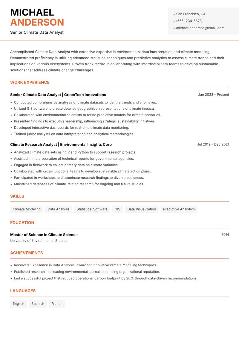 Climate Data Analyst resume template — Modern Professional