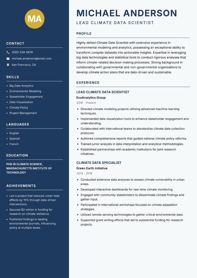 Climate Data Scientist resume template — Classic Clean