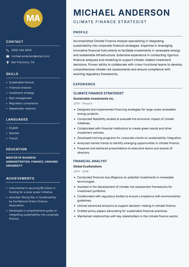 Climate Finance Analyst resume template — Classic Clean