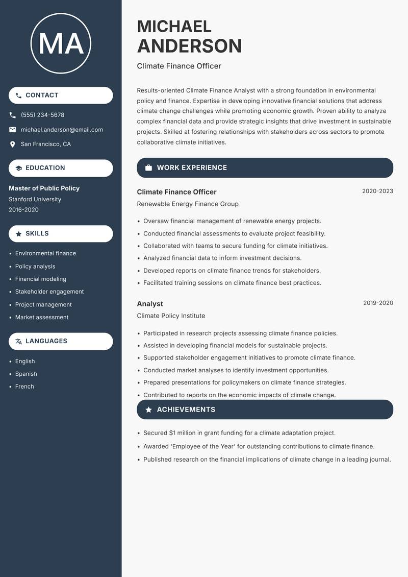 Climate Finance Analyst resume template — Compact