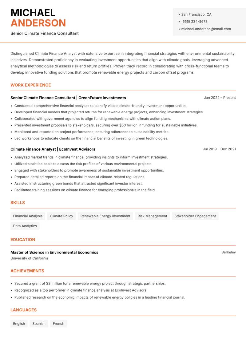 Climate Finance Analyst resume template — Modern Professional