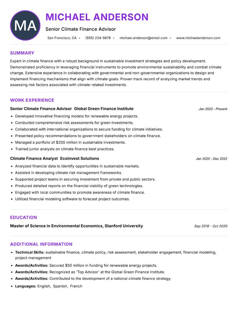 Climate Finance Specialist resume example — ATS-friendly template
