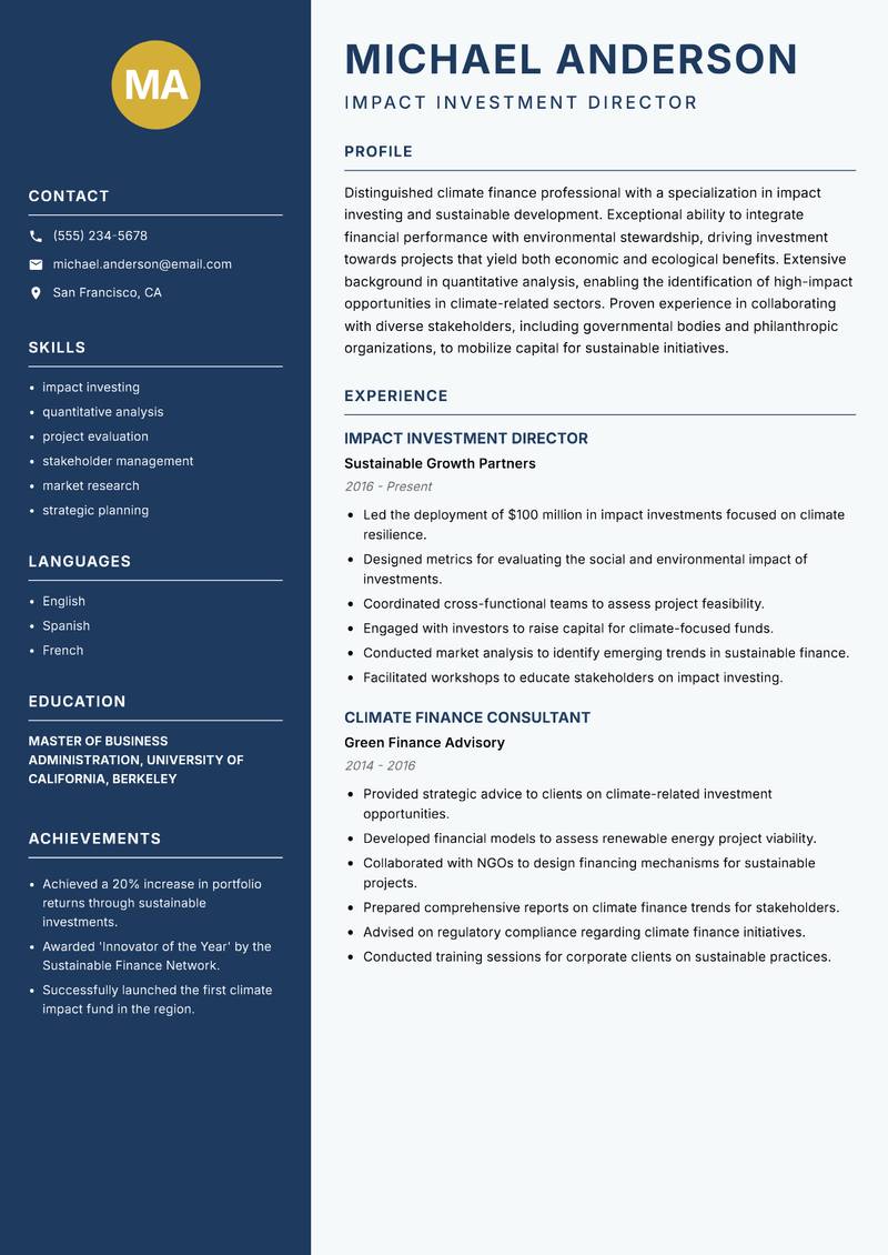 Climate Finance Specialist resume template — Classic Clean