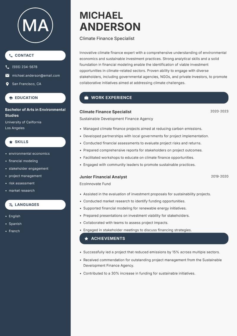 Climate Finance Specialist resume template — Compact
