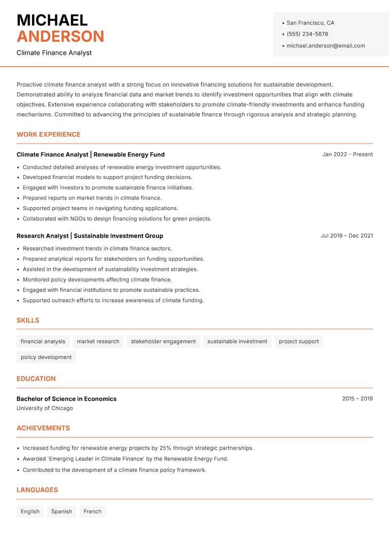Climate Finance Specialist resume template — Modern Professional