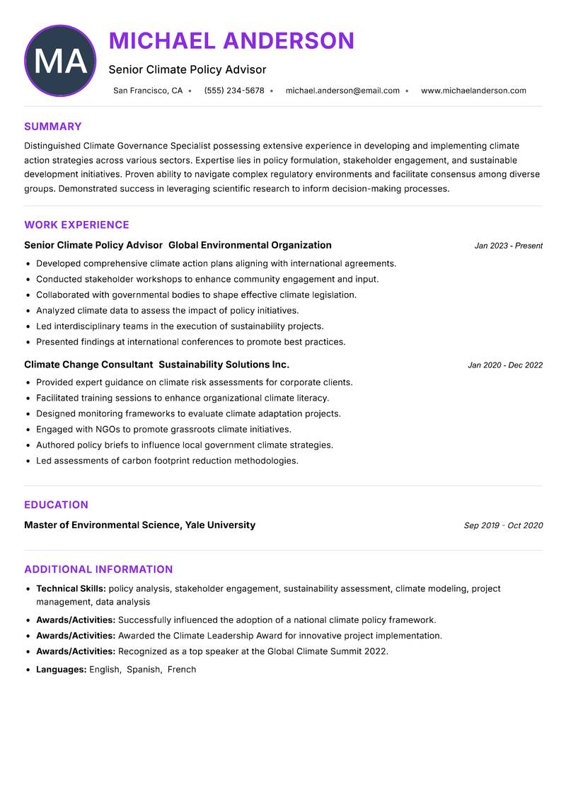 Climate Governance Specialist resume example — ATS-friendly template