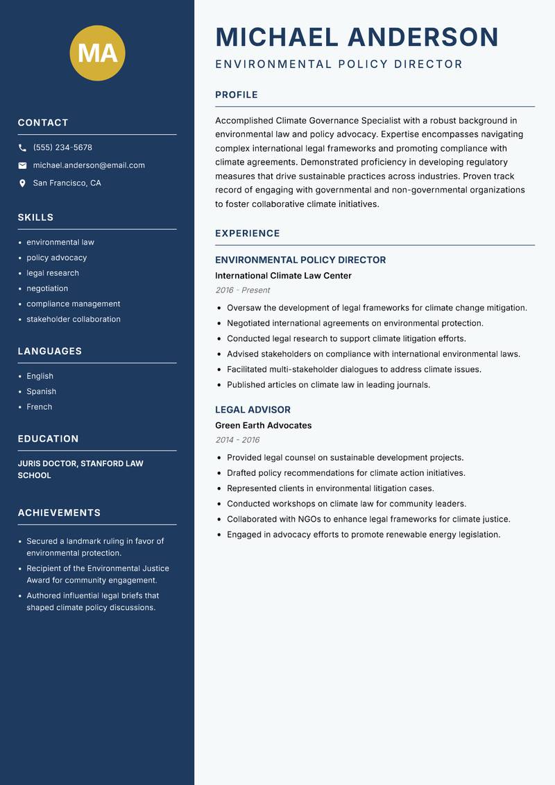 Climate Governance Specialist resume template — Classic Clean