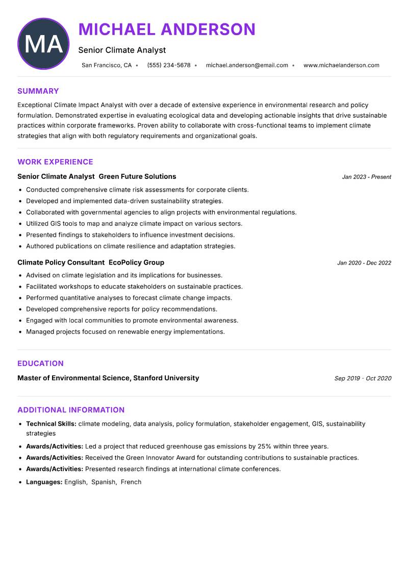 Climate Impact Analyst resume example — ATS-friendly template