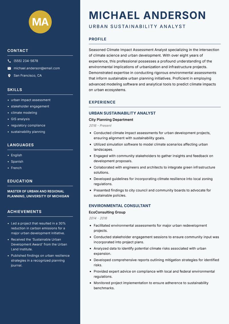 Climate Impact Assessment Analyst resume template — Classic Clean