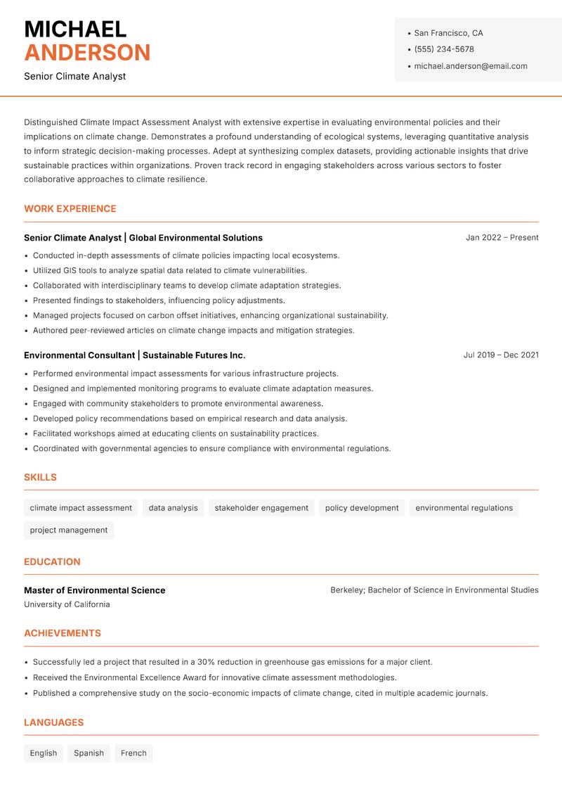 Climate Impact Assessment Analyst resume template — Modern Professional