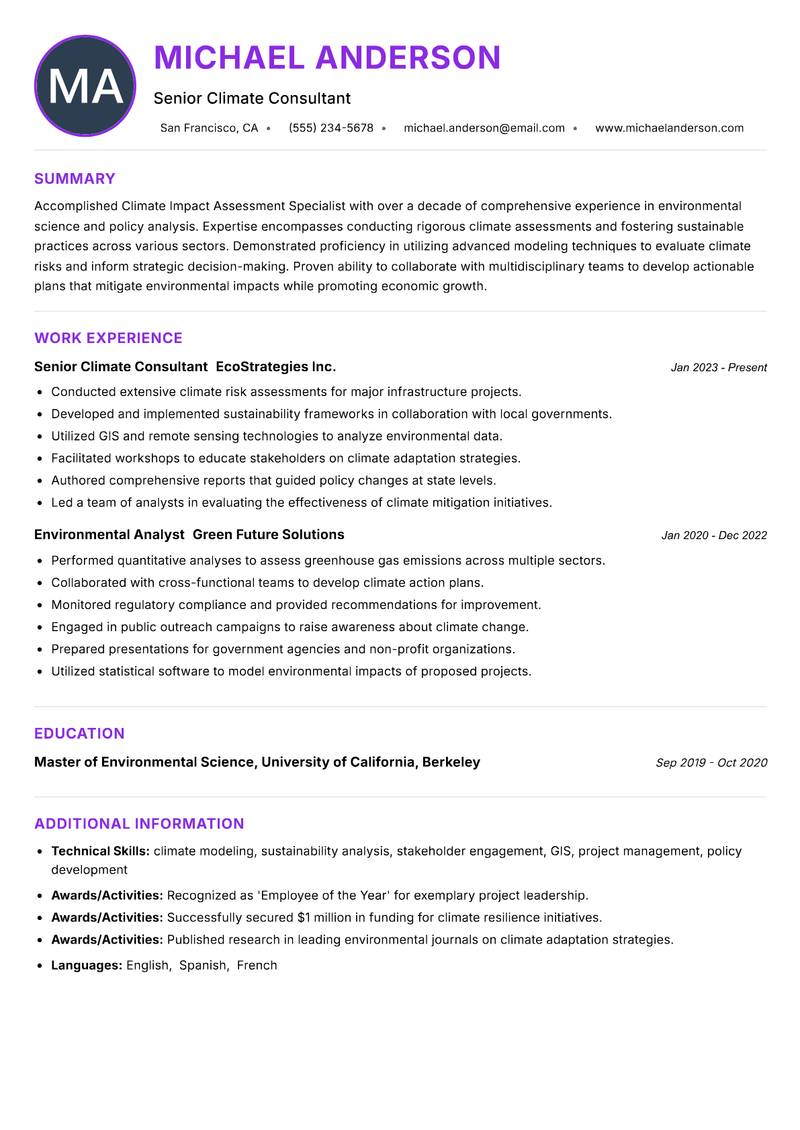 Climate Impact Assessment Specialist resume example — ATS-friendly template