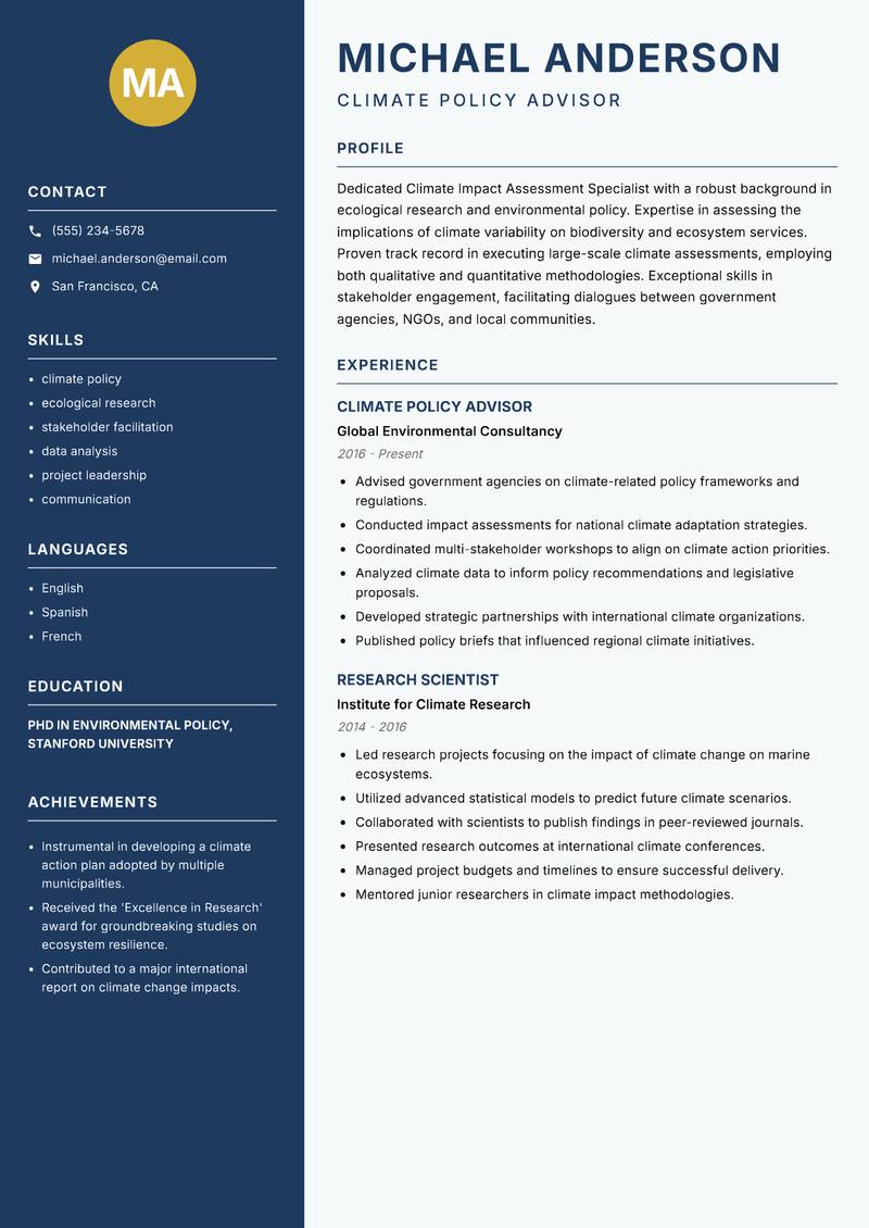 Climate Impact Assessment Specialist resume template — Classic Clean