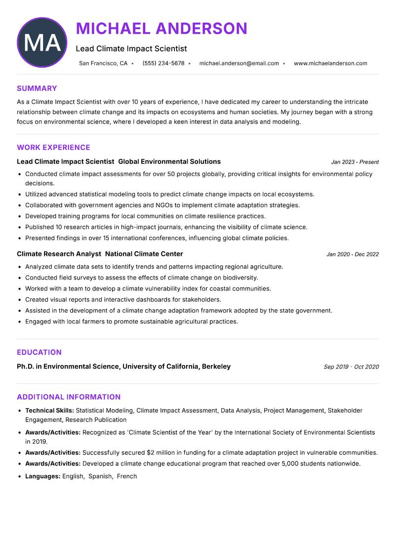 Climate Impact Scientist resume example — ATS-friendly template