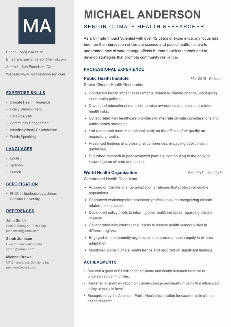 Climate Impact Scientist resume template — Creative Minimal