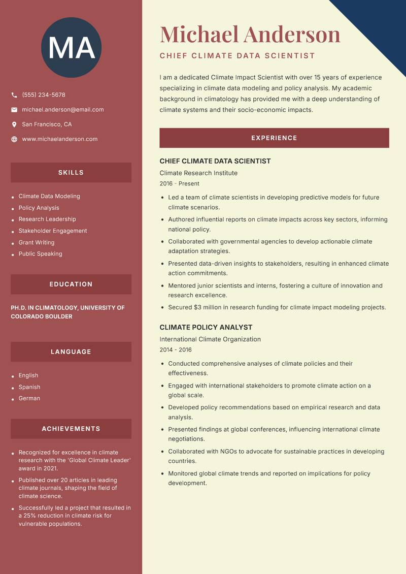 Climate Impact Scientist resume template — Two Column