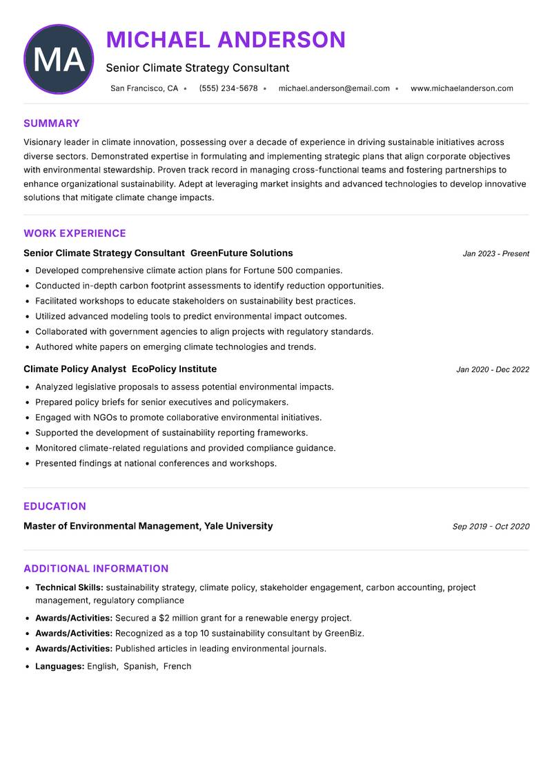 Climate Innovation Manager resume example — ATS-friendly template