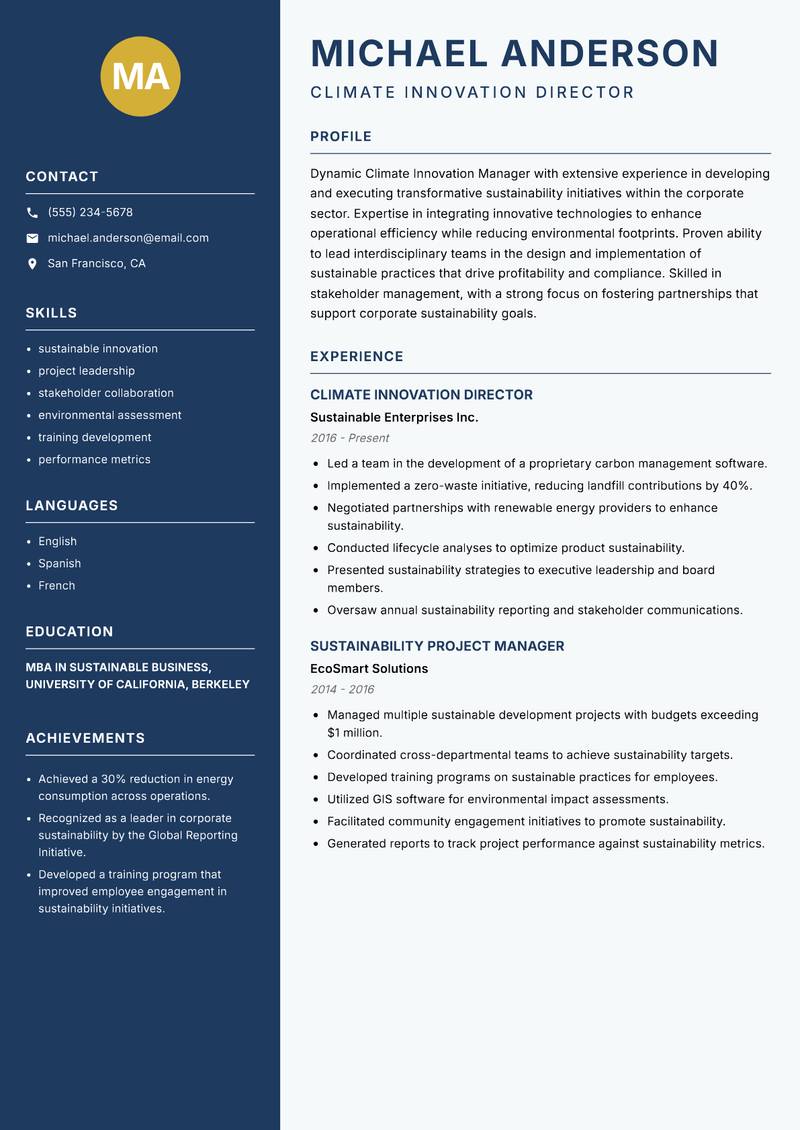 Climate Innovation Manager resume template — Classic Clean