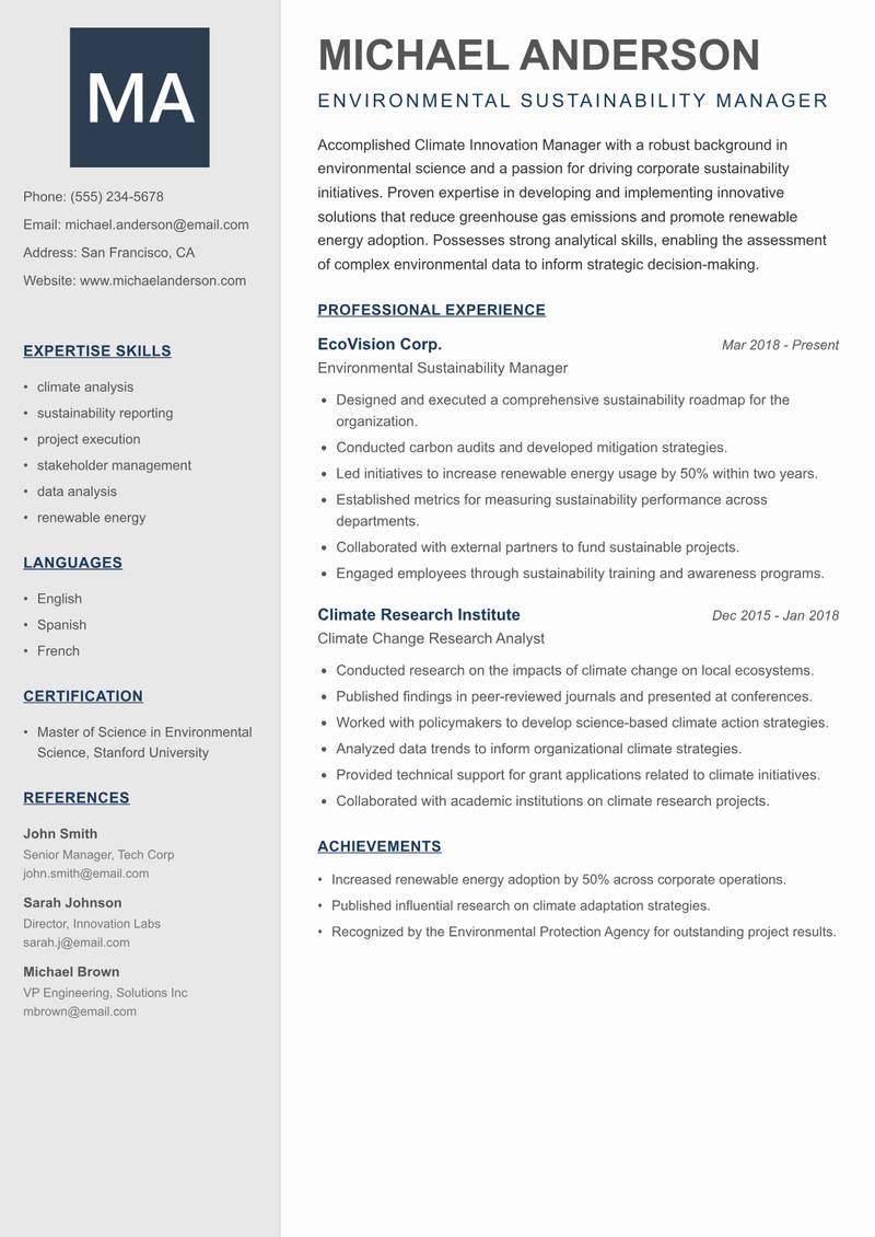 Climate Innovation Manager resume template — Creative Minimal