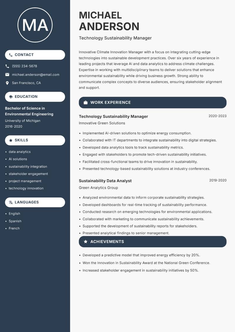 Climate Innovation Manager resume template — Compact