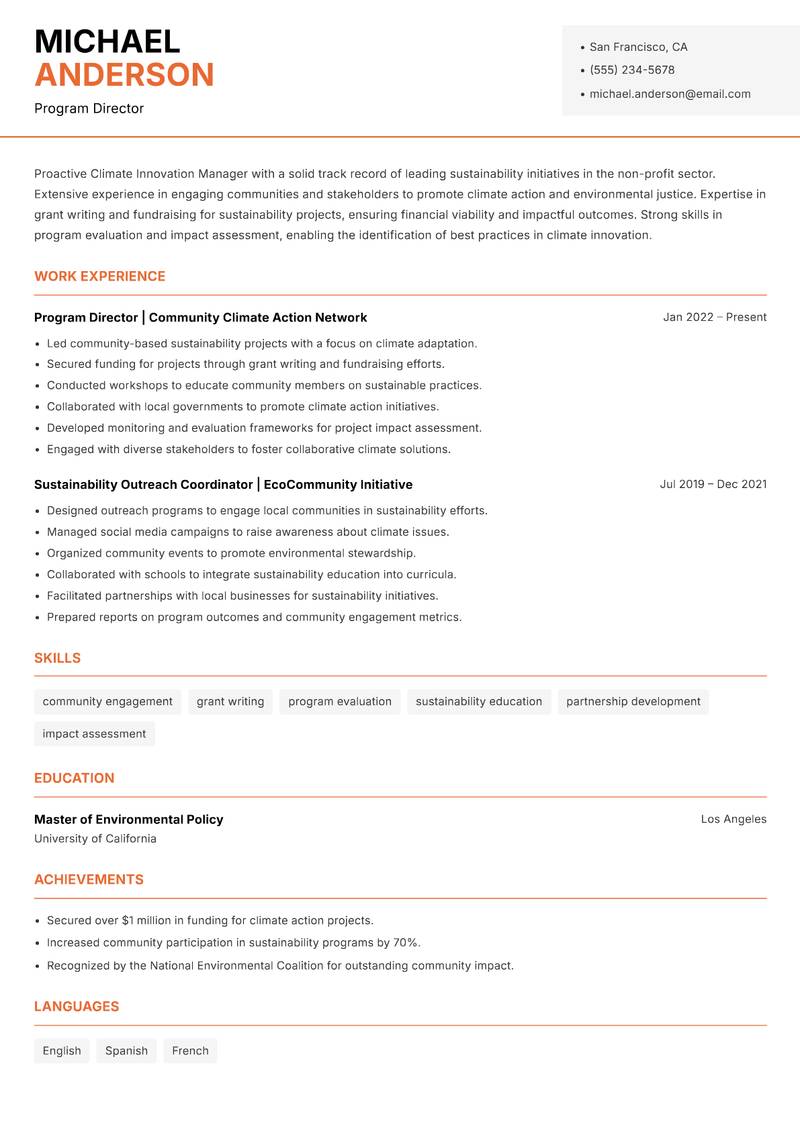 Climate Innovation Manager resume template — Modern Professional
