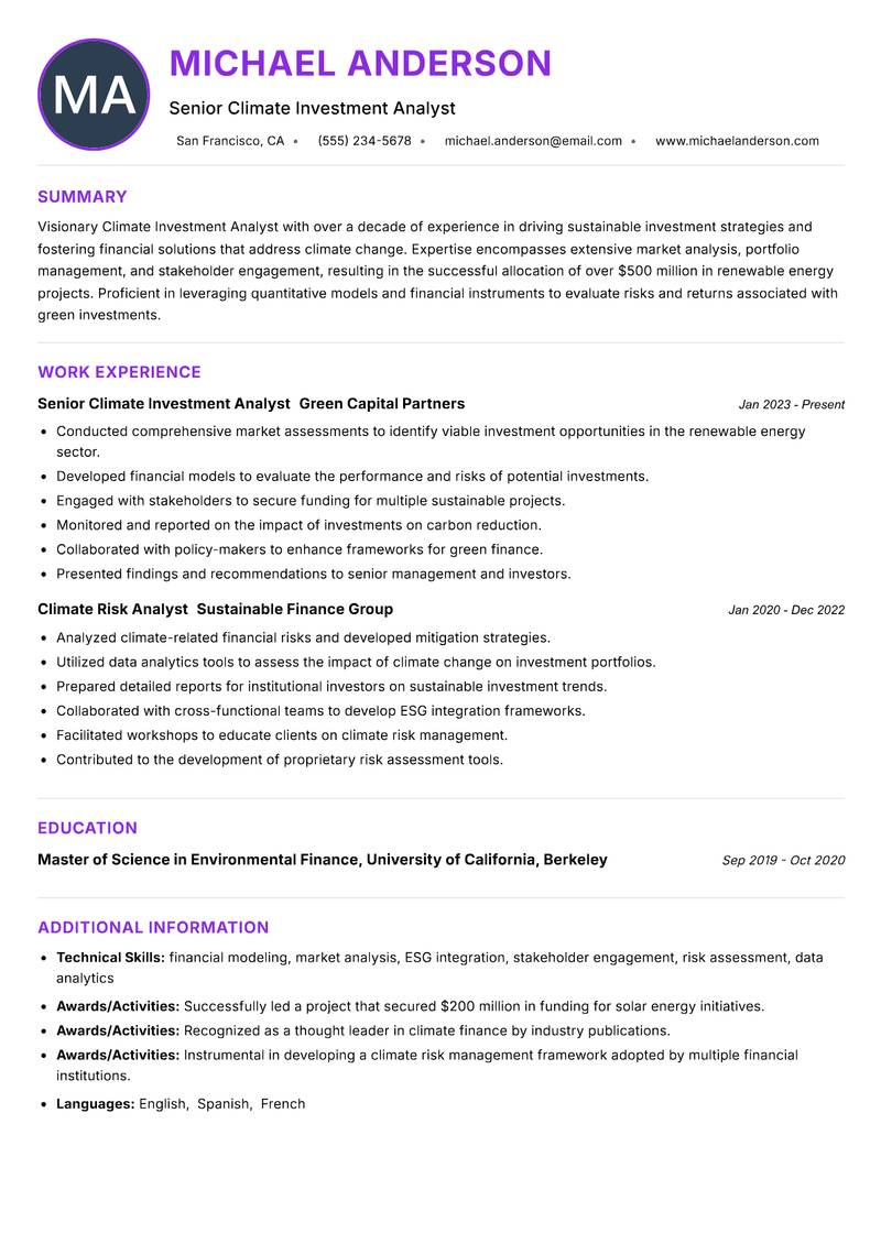 Climate Investment Analyst resume example — ATS-friendly template