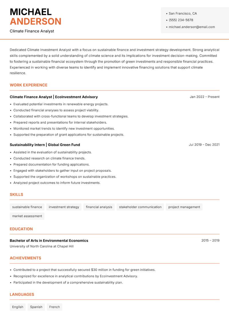 Climate Investment Analyst resume template — Modern Professional