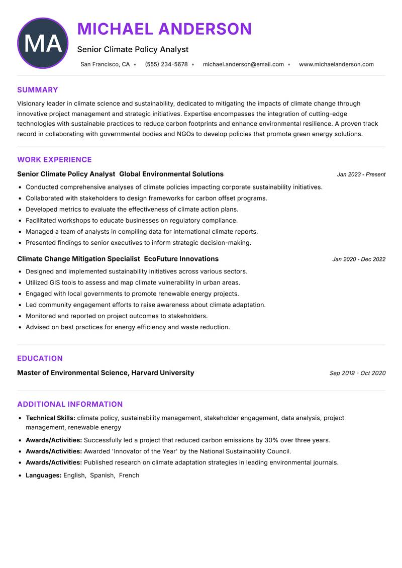 Climate Mitigation Manager resume example — ATS-friendly template