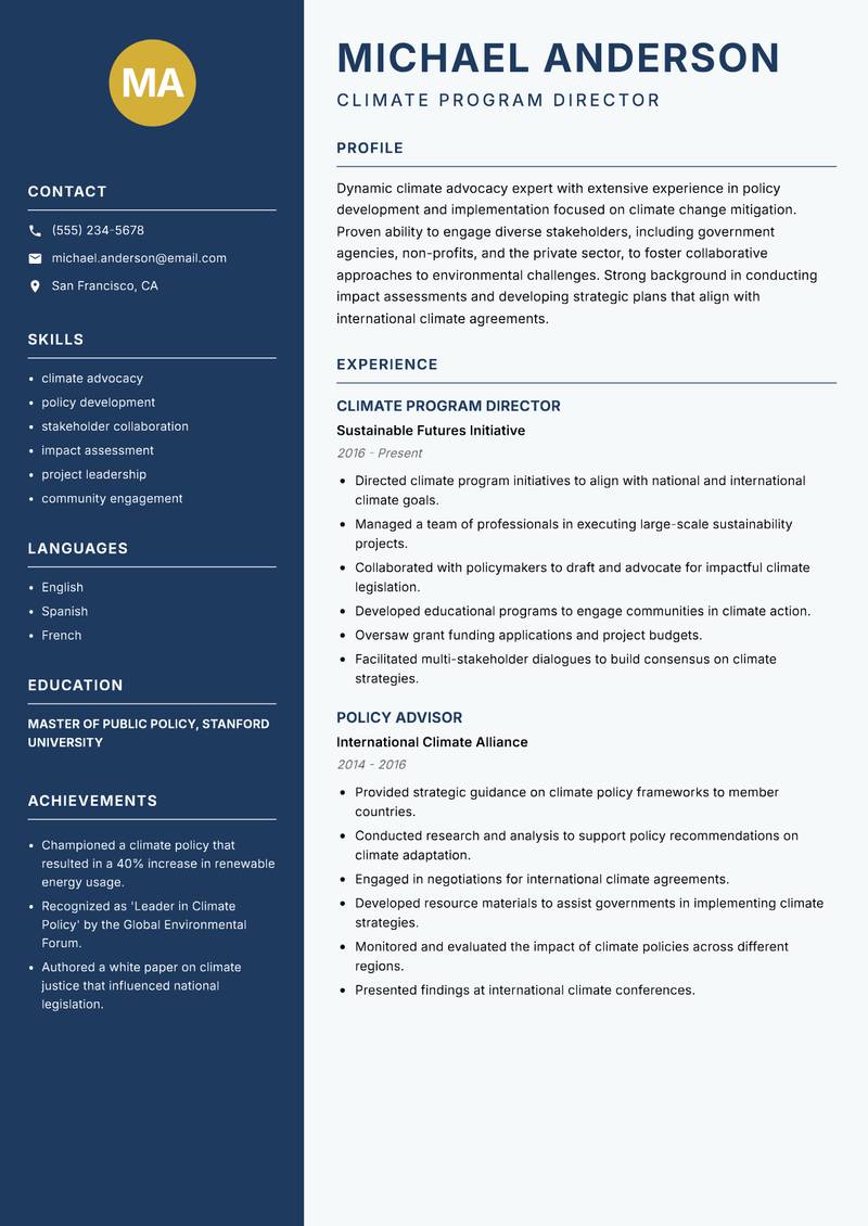 Climate Mitigation Manager resume template — Classic Clean