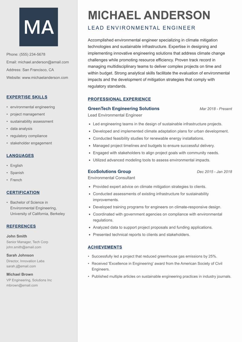 Climate Mitigation Manager resume template — Creative Minimal