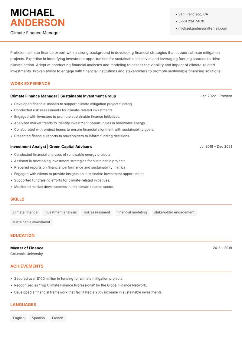 Climate Mitigation Manager resume template — Modern Professional
