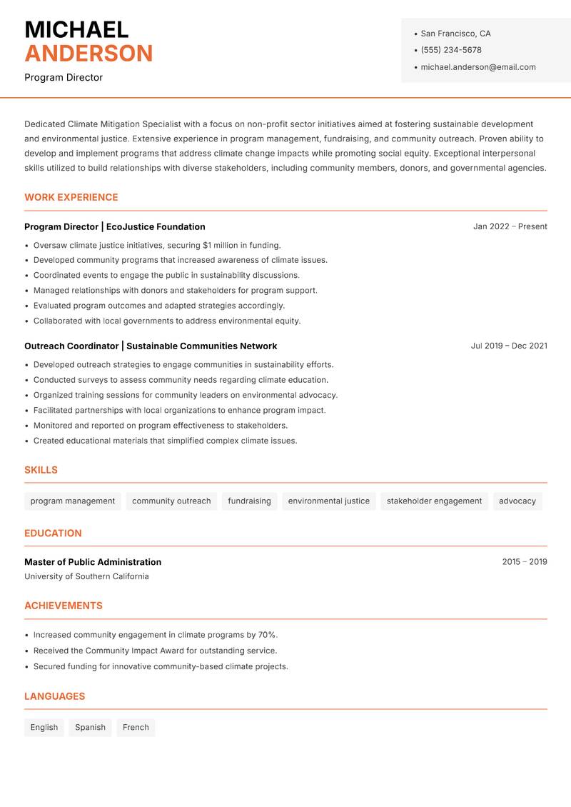 Climate Mitigation Specialist resume template — Modern Professional