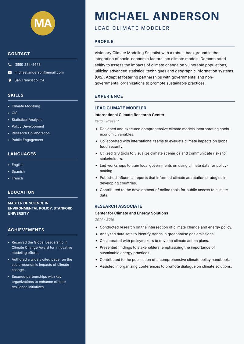 Climate Modeling Scientist resume template — Classic Clean