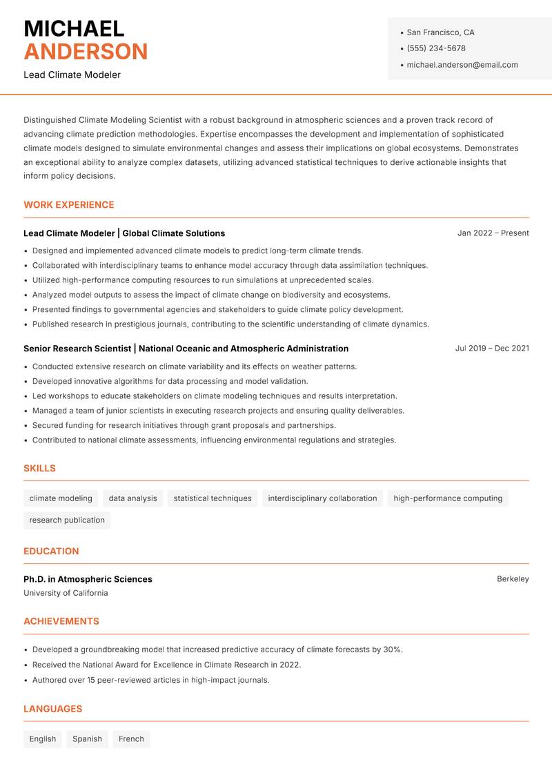Climate Modeling Scientist resume template — Modern Professional