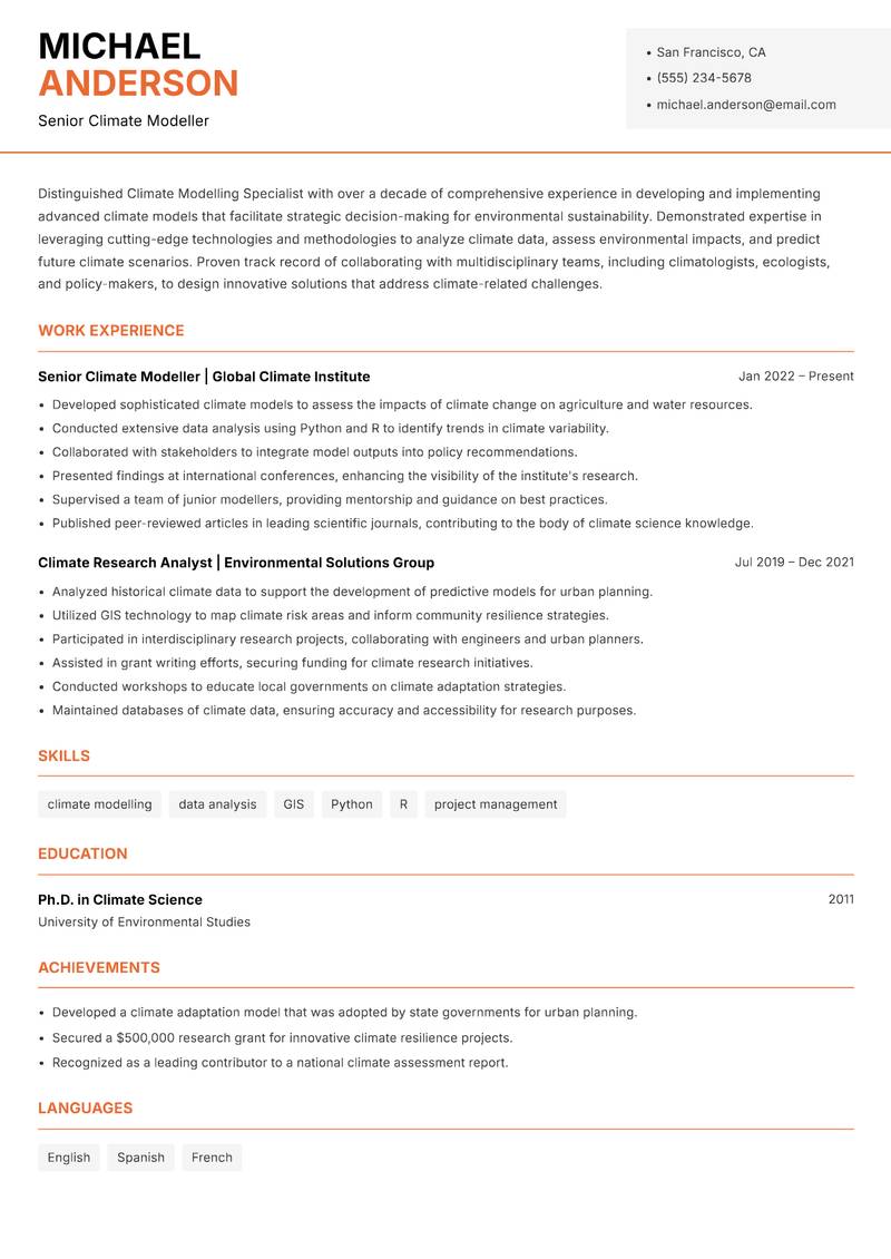 Climate Modelling Specialist resume template — Modern Professional