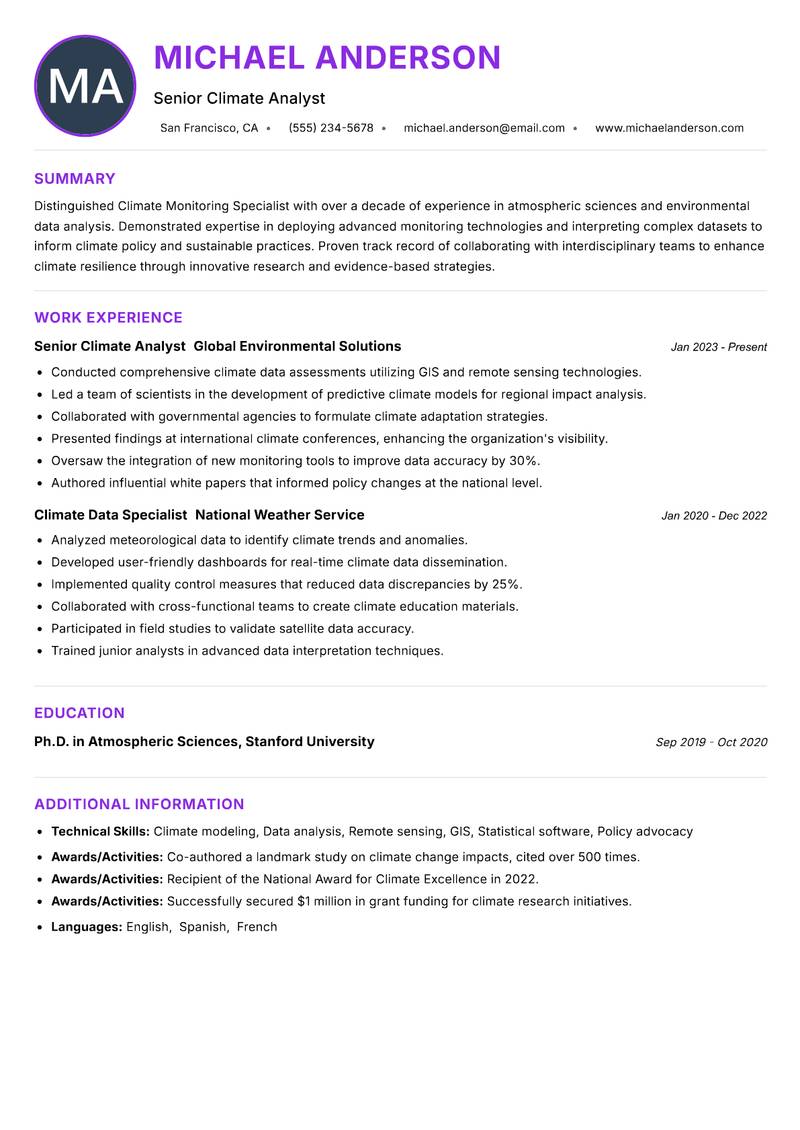 Climate Monitoring Specialist resume example — ATS-friendly template