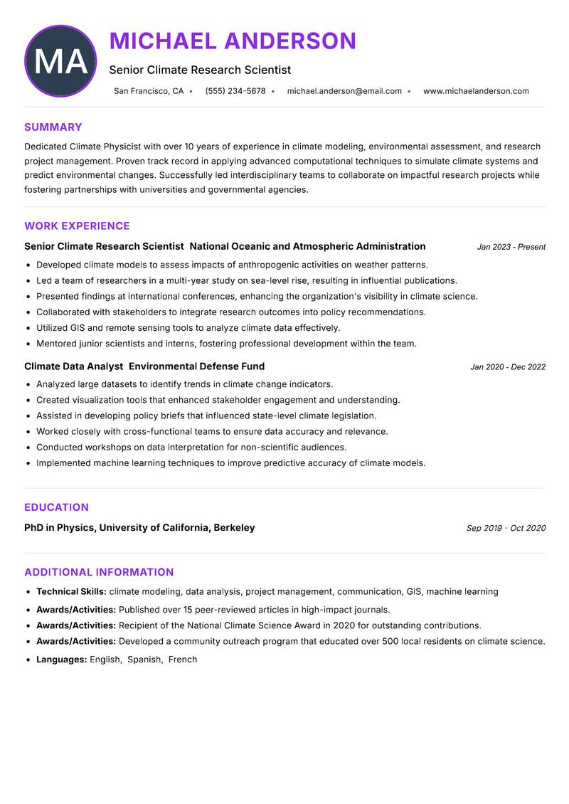 Climate Physicist resume example — ATS-friendly template
