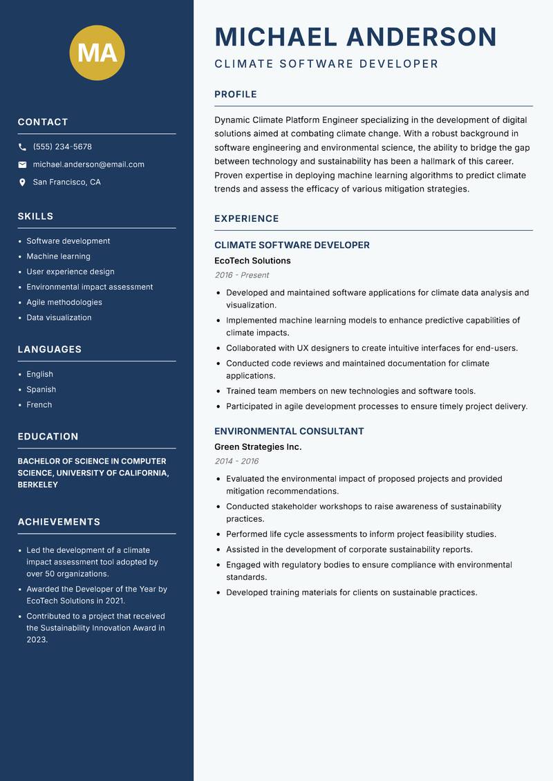 Climate Platform Engineer resume template — Classic Clean