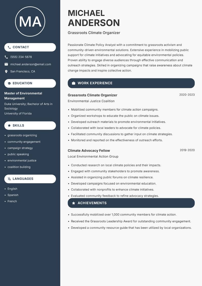 Climate Policy Analyst resume template — Compact
