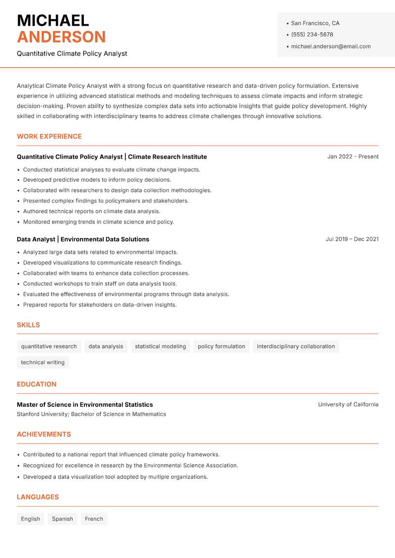 Climate Policy Analyst resume template — Modern Professional