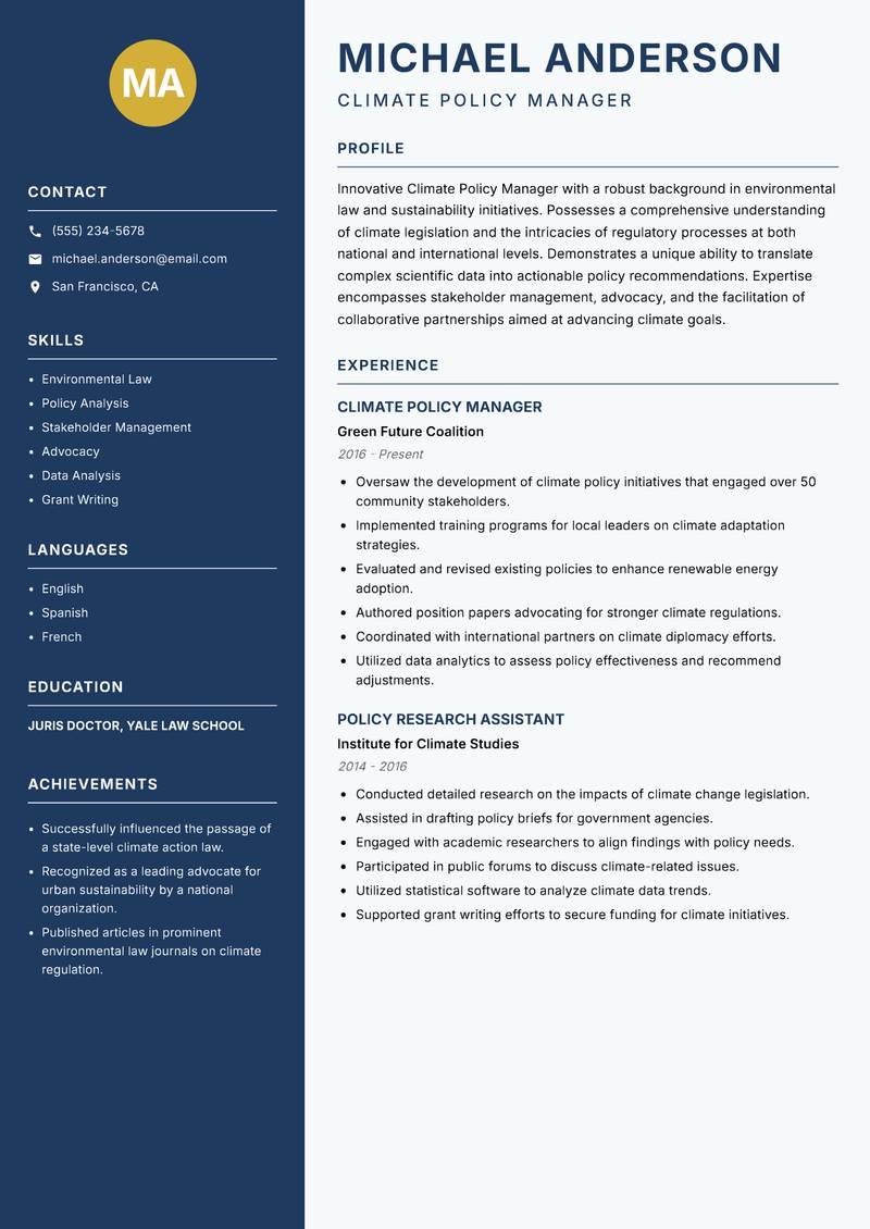 Climate Policy Manager resume template — Classic Clean
