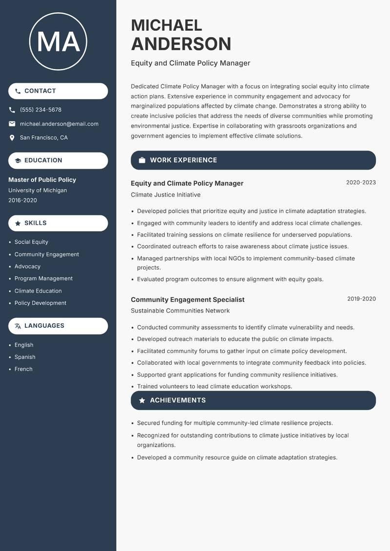 Climate Policy Manager resume template — Compact